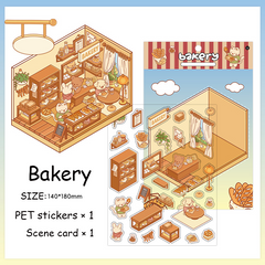 Open Today DIY 3D Scene Stickers 2 Lovely Miniature Scenes-Library Bookshop Bakery advanced