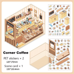 Corner Series: Sweet, Sip, Stay & Shop DIY 3D Scene Stickers 4 Lovely Miniature Scenes-Cafe Bakery Sweetness Supermarket Bedroom intermediate