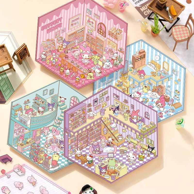 Sanrios Party DIY 3D Scene Stickers 4 Cute Miniature Scenes beginner