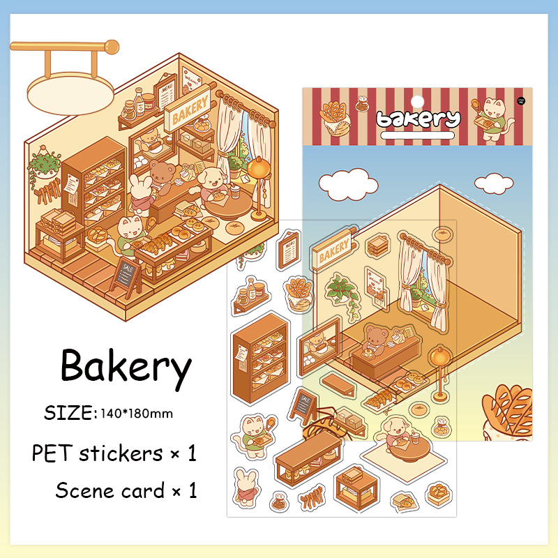 Open Today DIY 3D Scene Stickers 2 Lovely Miniature Scenes-Library Bookshop Bakery advanced