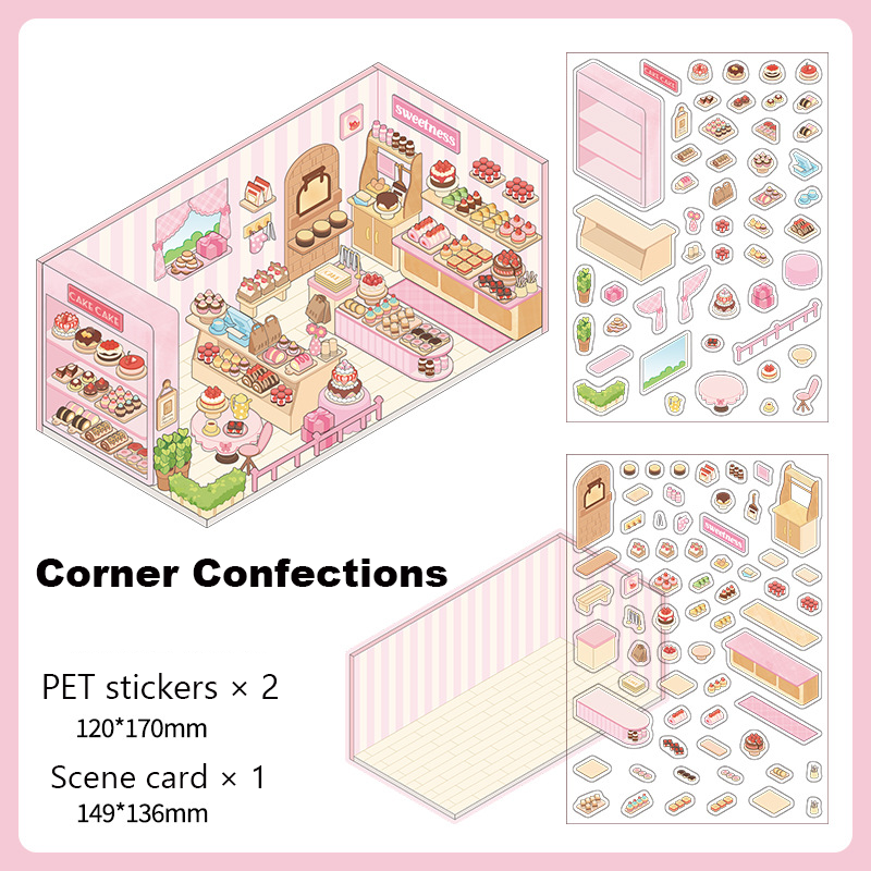 Corner Series: Sweet, Sip, Stay & Shop DIY 3D Scene Stickers 4 Lovely Miniature Scenes-Cafe Bakery Sweetness Supermarket Bedroom intermediate