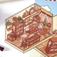 Open Today DIY 3D Scene Stickers 2 Lovely Miniature Scenes-Library Bookshop Bakery advanced
