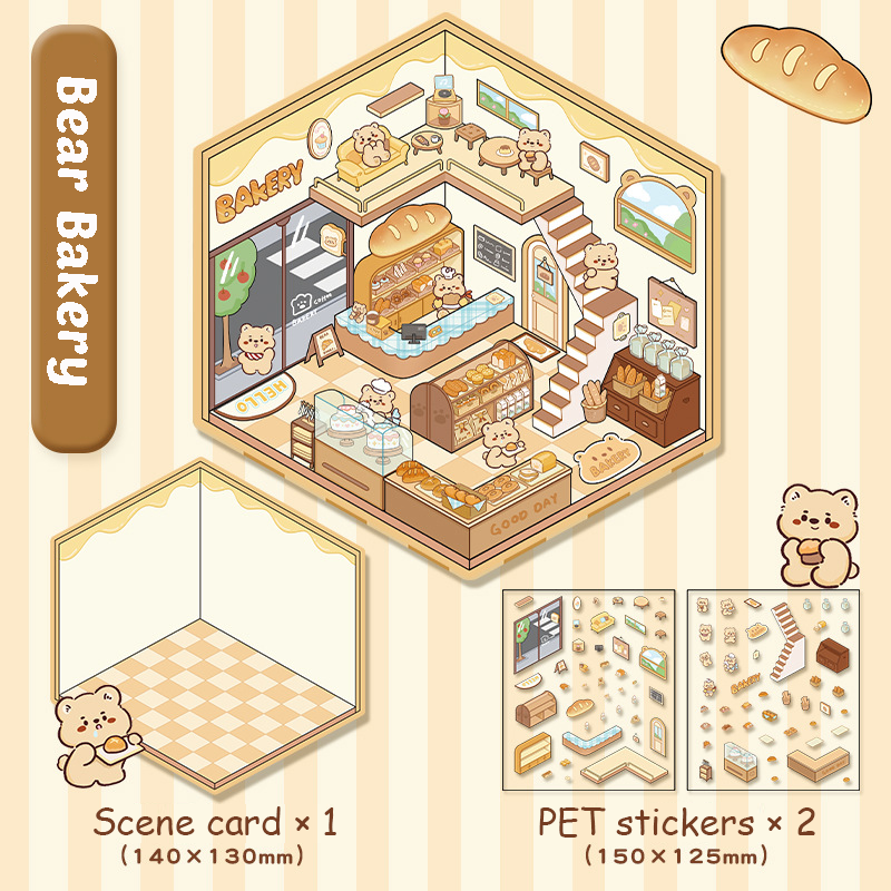 Cute Animals Shop DIY 3D Scene Stickers 4 Cute Miniature Scenes beginner